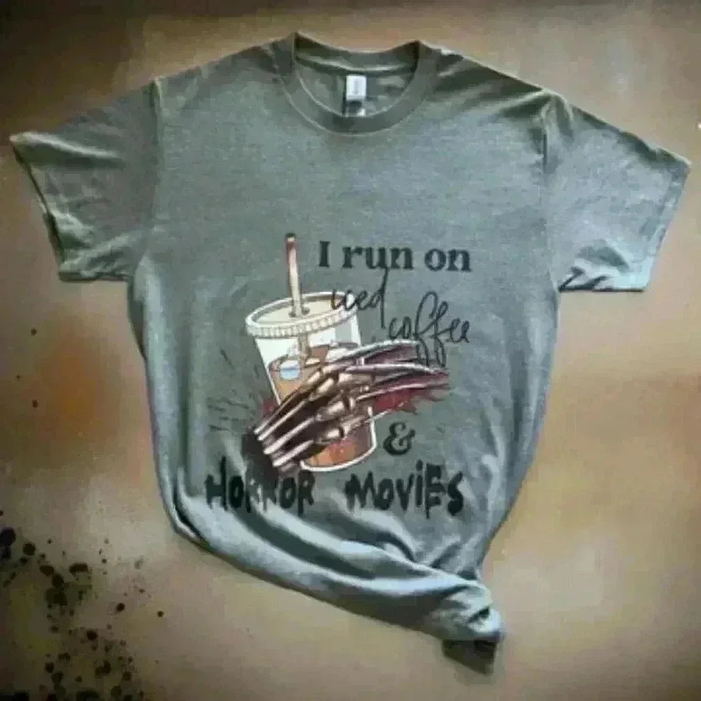 Green Homemade-Shirt (Coffee & Horror Movies) Size S - Picture 2 of 3